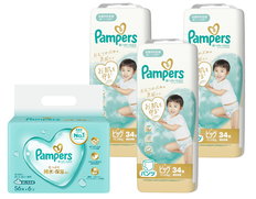 パンパース肌へのいちばんパンツ　スーパージャンボ　ビッグ34枚×3個とおしりふきのセット（おむつ102枚・おしりふき336枚）の画像