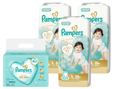 パンパース肌へのいちばんパンツ　スーパージャンボ　Ｌ36枚×3個とおしりふきのセット（おむつ108枚・おしりふき336枚）の画像