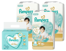 パンパース肌へのいちばんパンツ　スーパージャンボ　Ｍはいはい46枚×3個とおしりふきのセット（おむつ138枚・おしりふき336枚）の画像