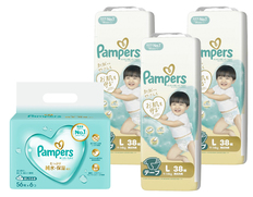 パンパースはじめての肌へのいちばん　スーパージャンボ　Ｌ38枚×3個とおしりふきのセット（おむつ114枚・おしりふき336枚）の画像