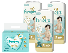 パンパースはじめての肌へのいちばん　スーパージャンボ　Ｍ46枚×3個とおしりふきのセット（おむつ138枚・おしりふき336枚）の画像