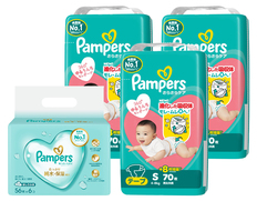 パンパースさらさらケアテープ　スーパ－ジャンボ　Ｓ70枚×3個とおしりふきのセット（おむつ210枚・おしりふき336枚）の画像