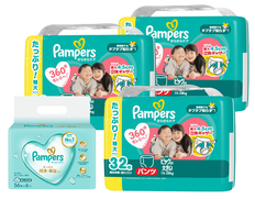 パンパースさらさらケアパンツ　ウルトラジャンボ　ビッグより大きい32枚×3個とおしりふきのセット（おむつ96枚・おしりふき336枚）の画像