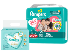 パンパースさらさらケアパンツ　スーパージャンボ　ビッグより大きいサイズとおしりふきのセット（おむつ26枚・おしりふき336枚）の画像