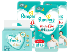 パンパース さらさらケア パンツ スーパ－ジャンボ Ｍたっち52枚×3個とおしりふきのセット（おむつ156枚・おしりふき336枚）の画像