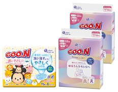 グーン ゆるうんちモレ0へ 新生児用 68枚×2個とおしりふきのセット（おむつ136枚・おしりふき210枚）の画像
