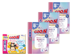 グーン 長時間でもモレ0へ パンツ Lサイズ56枚×3個とおしりふきのセット（おむつ168枚・おしりふき700枚）の画像