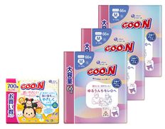 グーン ゆるうんちモレ0へ パンツ Mサイズ 66枚×3個とおしりふきのセット（おむつ198枚・おしりふき700枚）の画像