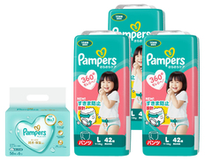 パンパースさらさらケアパンツ スーパ－ジャンボL 42枚×3個とおしりふきのセット（おむつ126枚・おしりふき336枚）　　　　　の画像